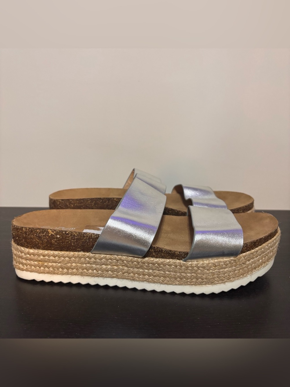 Brash Silver Metallic Slide Sandals with Jute Platform | Womens Size 10